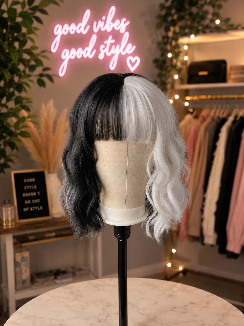 Black & White Half-and-Half Wavy Wig with Fringe